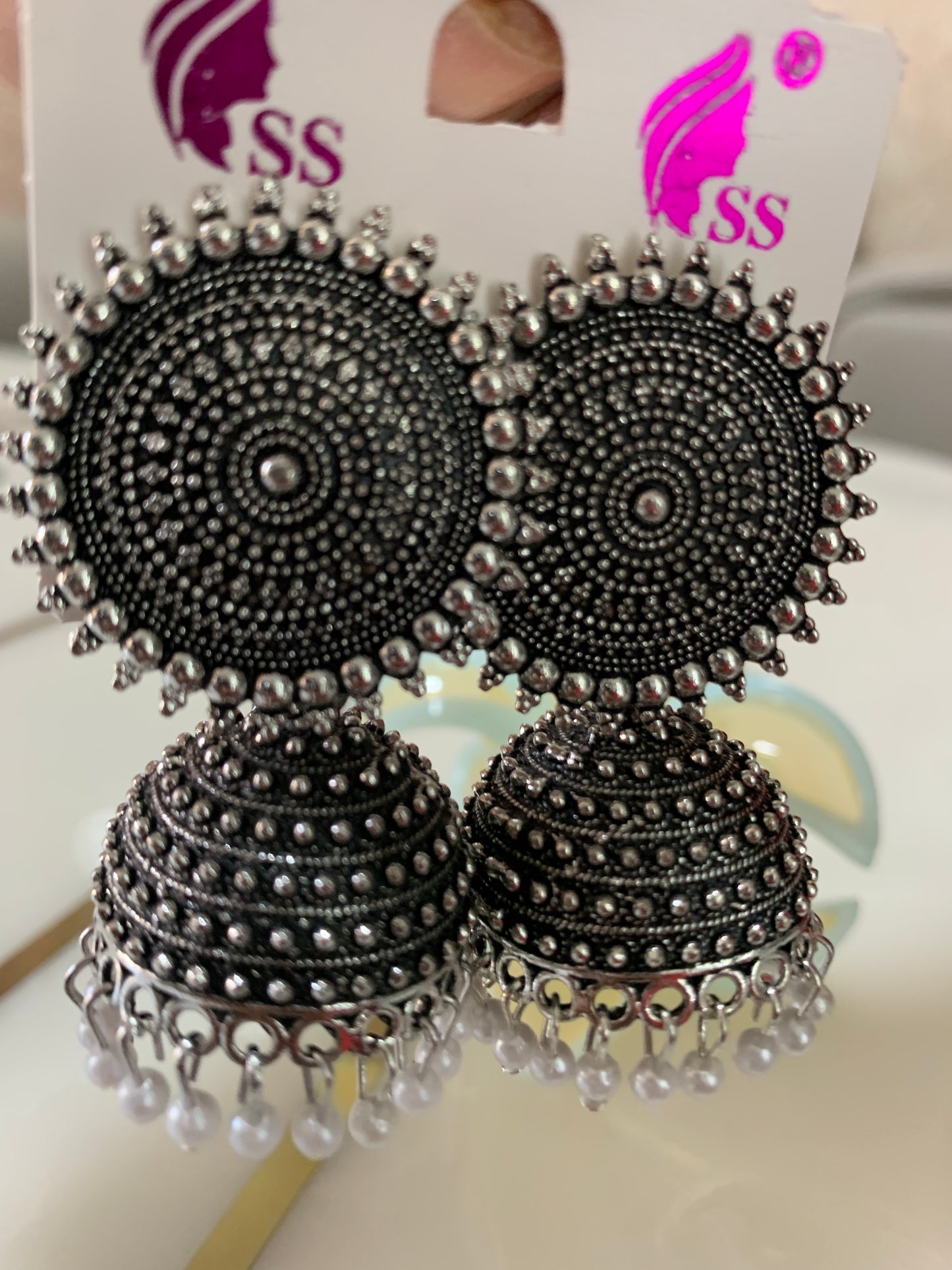 Oxidised Silver Jhumka Earrings with Pearl Drops