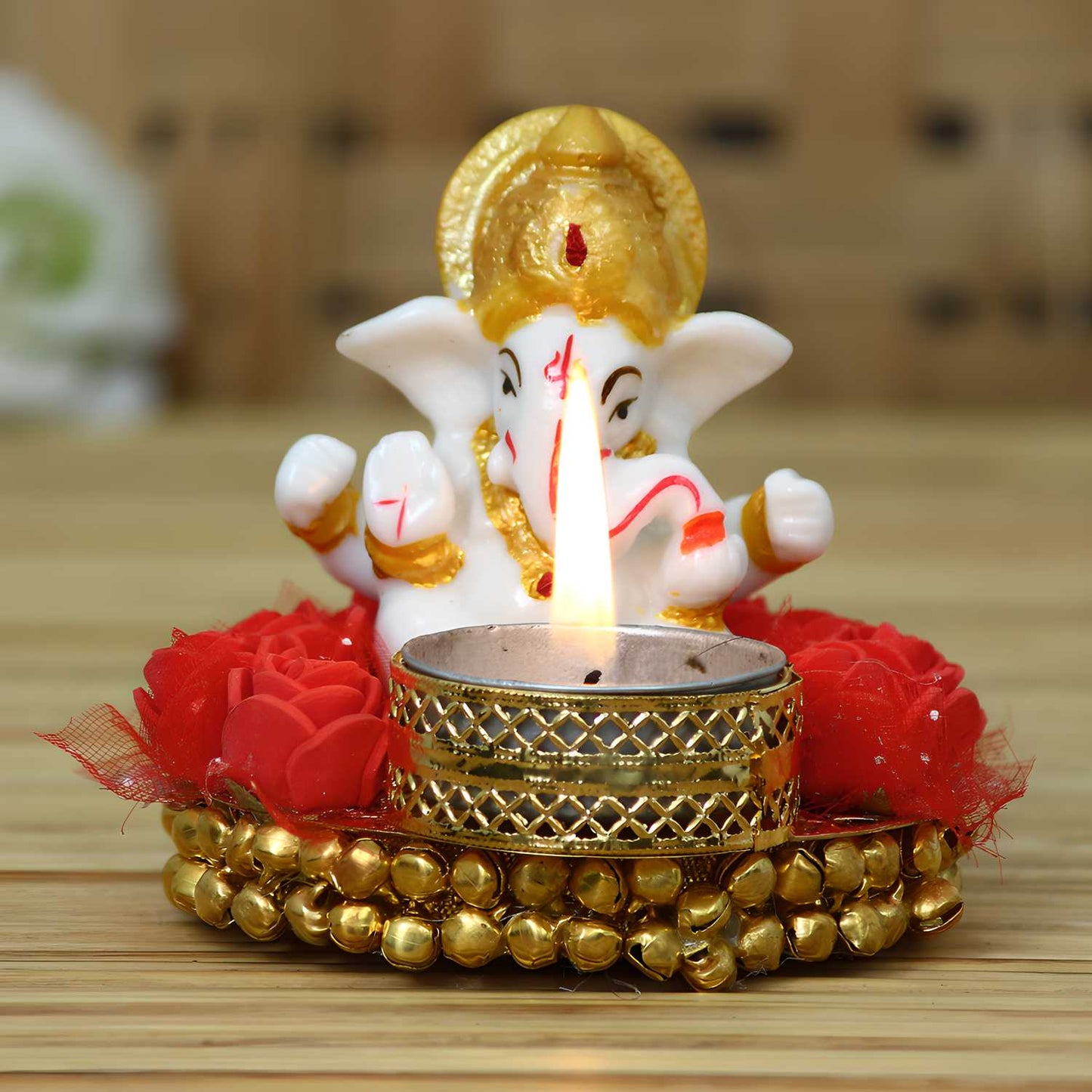 Lord Ganesha Idol on Decorative Plate with Tea Light Holder