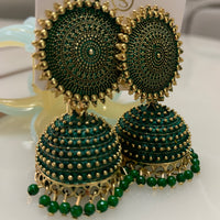 Emerald Green Thread Oxidised Jhumka Earrings with Beads | Statement Ethnic