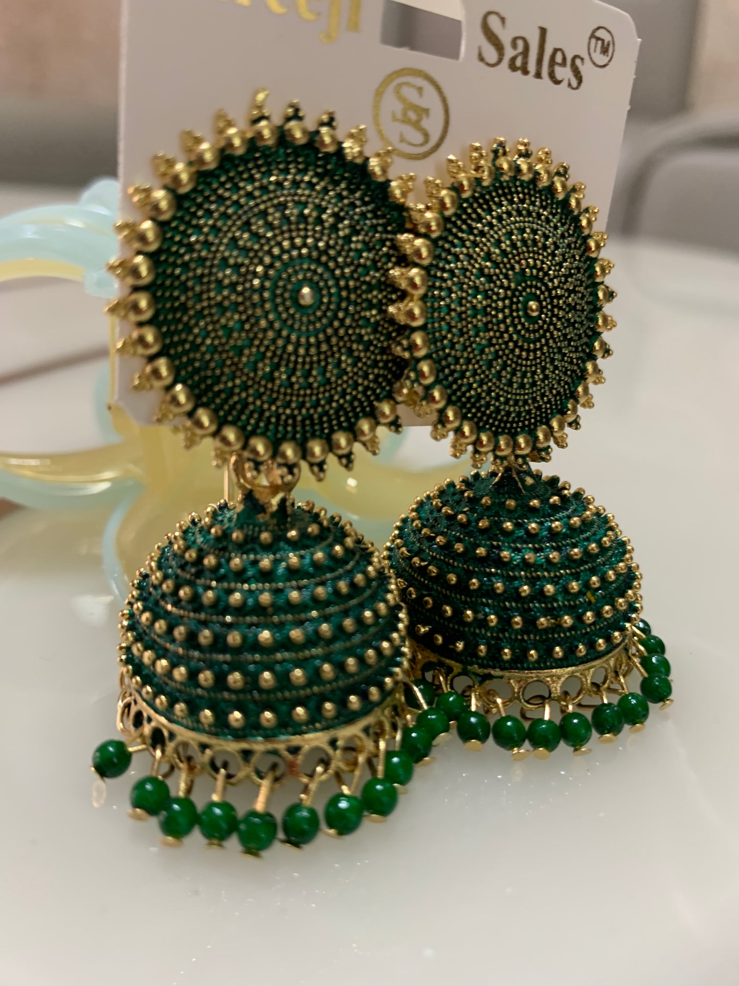 Emerald Green Thread Oxidised Jhumka Earrings with Beads | Statement Ethnic