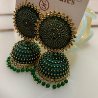 Emerald Green Thread Oxidised Jhumka Earrings with Beads | Statement Ethnic