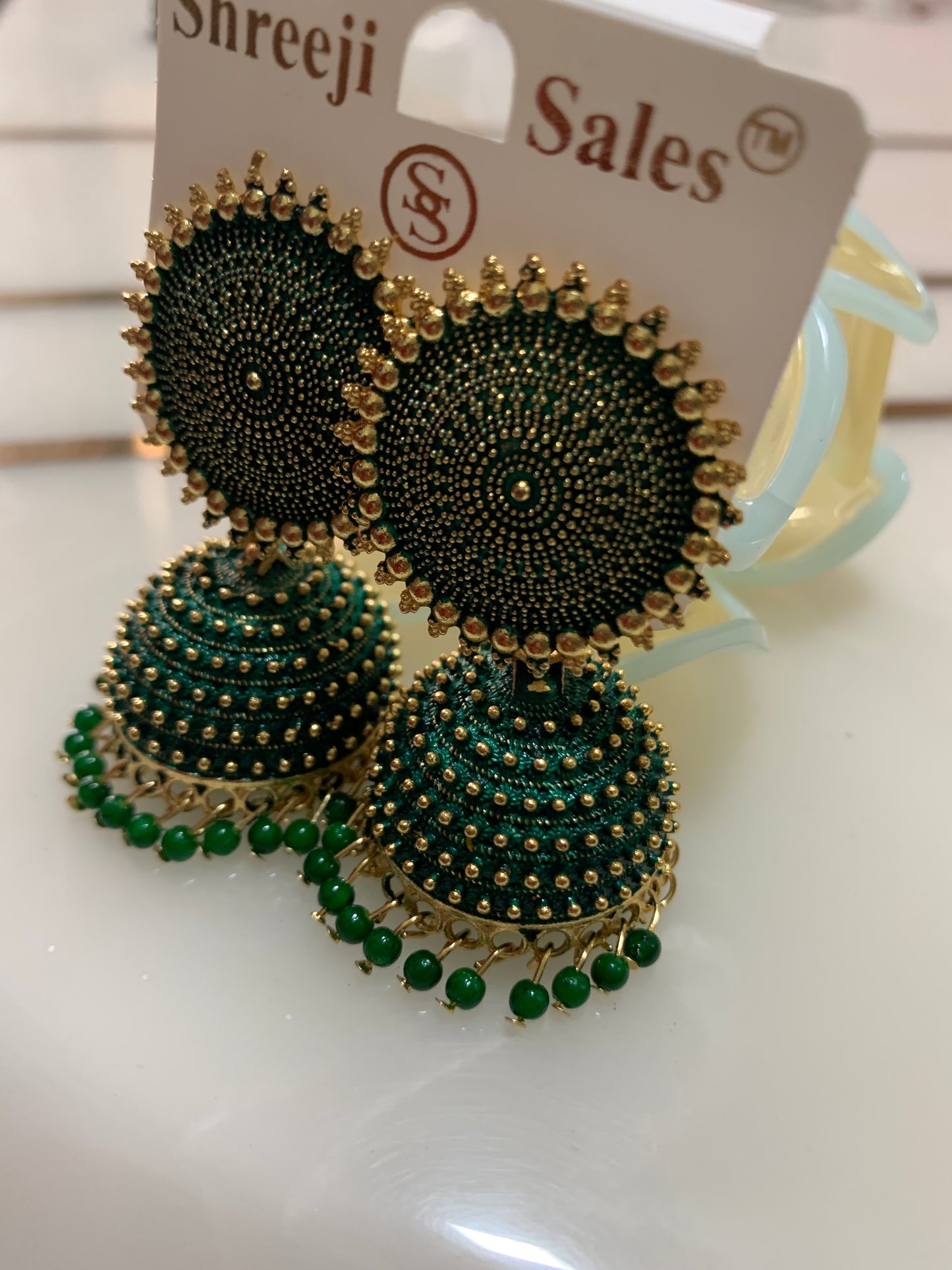Emerald Green Thread Oxidised Jhumka Earrings with Beads | Statement Ethnic