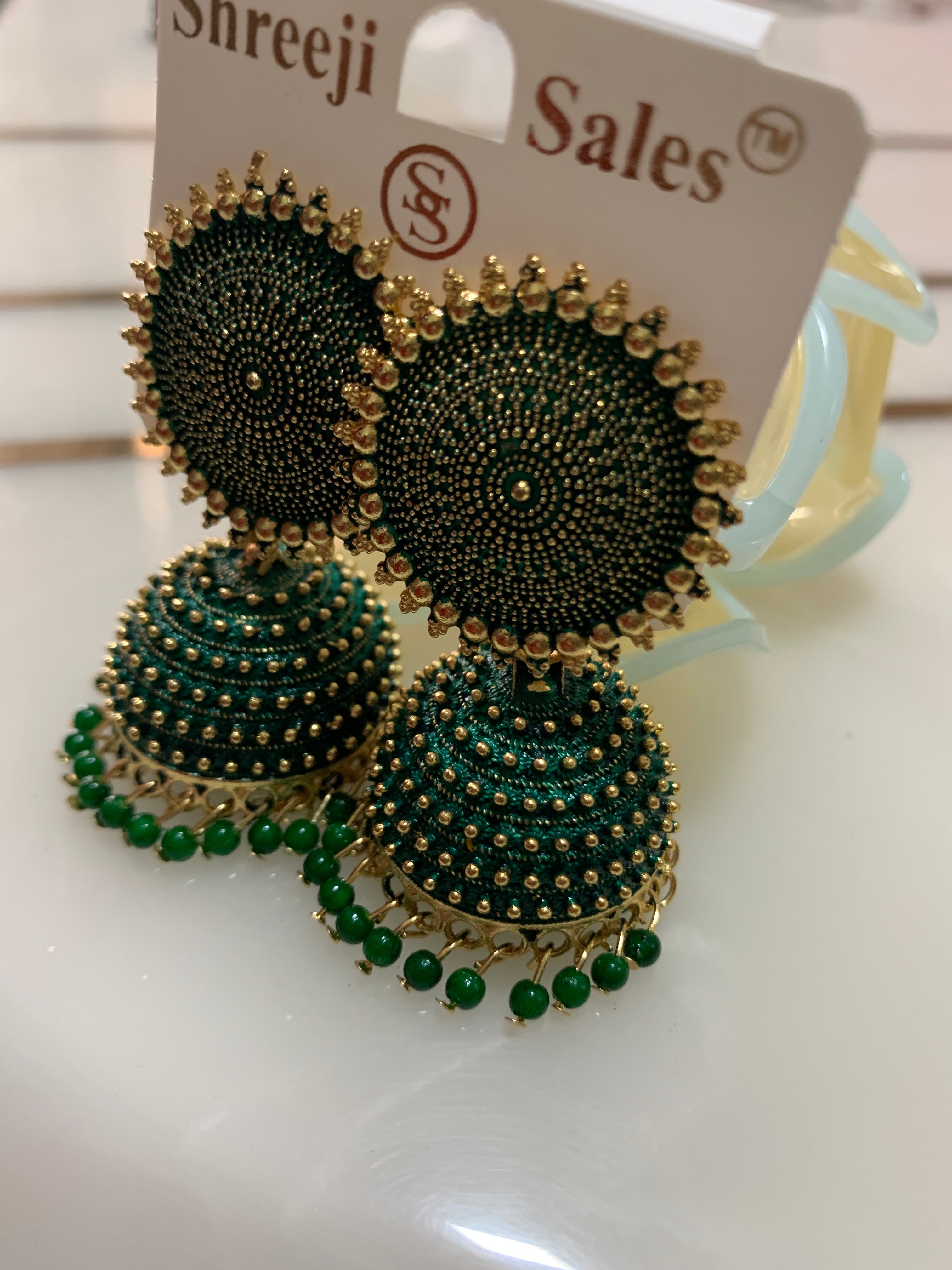 Emerald Green Thread Oxidised Jhumka Earrings with Beads | Statement Ethnic