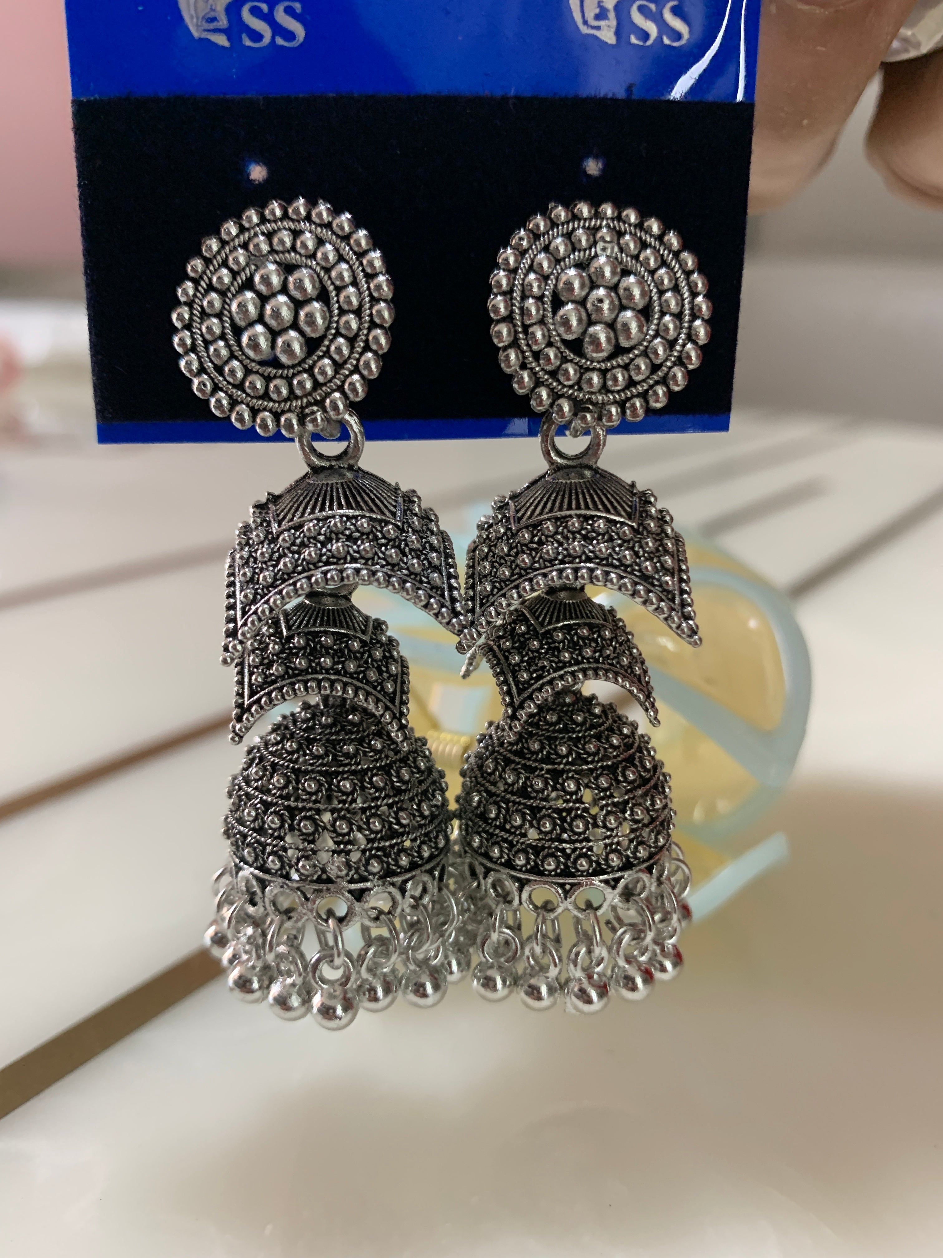 Oxidised Silver Layered Umbrella Jhumka Earrings for Women