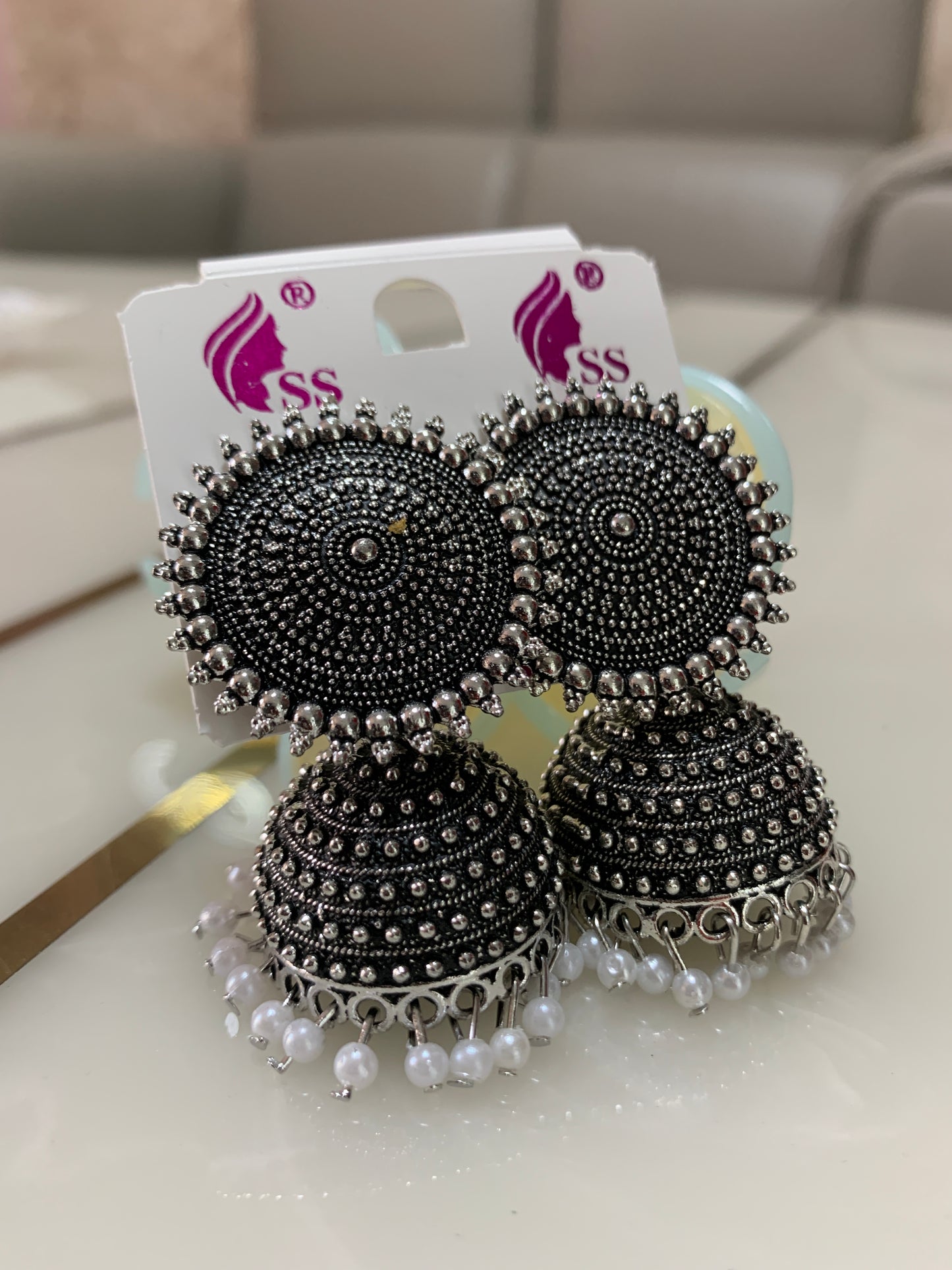 Oxidised Silver Jhumka Earrings with Pearl Drops