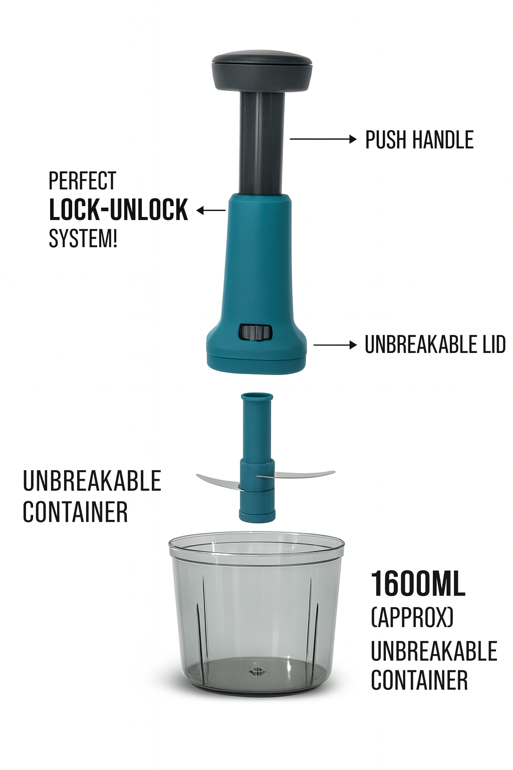 DuraPro 2-in-1 (Fine Chopping & Whisking) Kitchen Hand Chopper Big (1600 ML) - Premium Quality