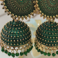 Emerald Green Thread Oxidised Jhumka Earrings with Beads | Statement Ethnic